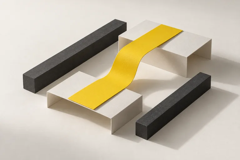 A yellow paper path connecting precise architectural paper forms